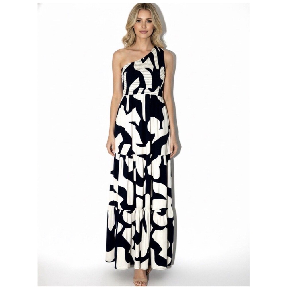 Abel the Label Womens Large Black Cream One Shoulder Smocked Tiered Maxi Dress